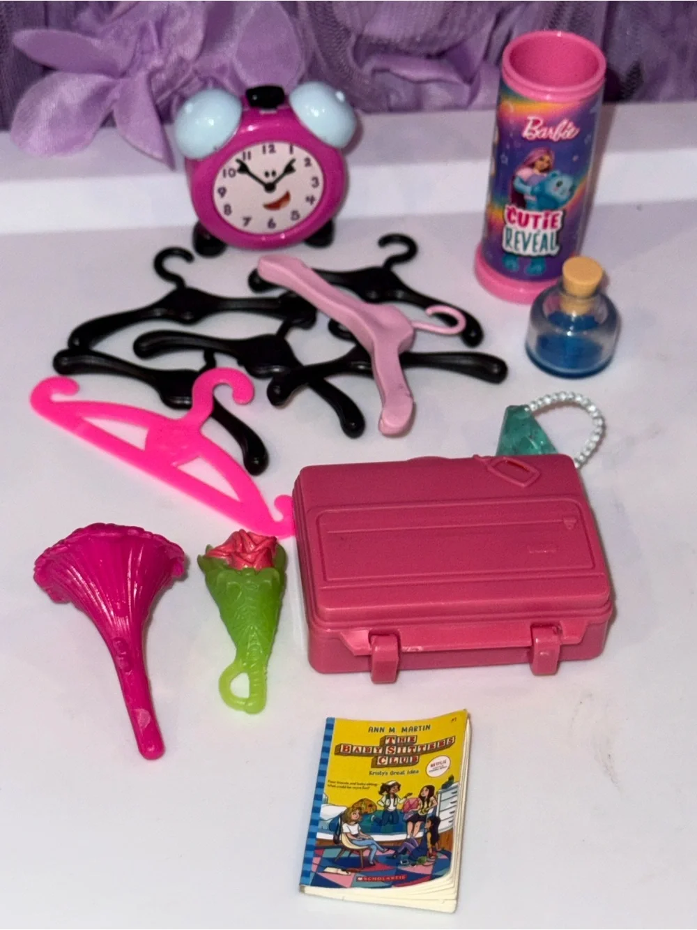Barbie Mattel accessories clock bouquet book hangers bottle etc